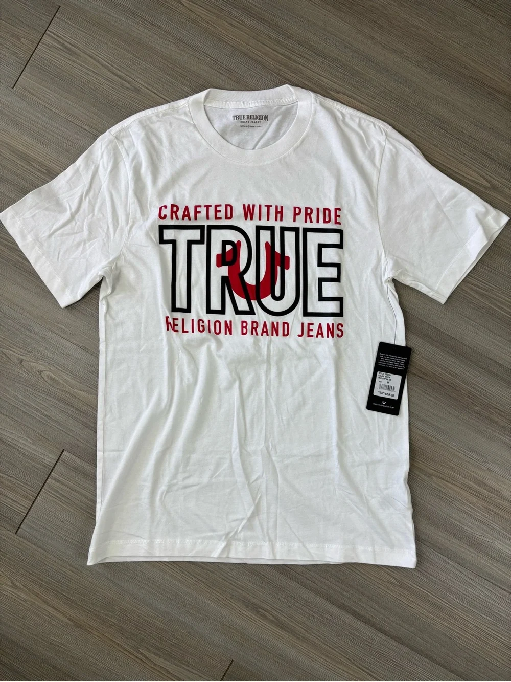 True Religion White Graphic 'TRUE' Logo Tee with Red Accent